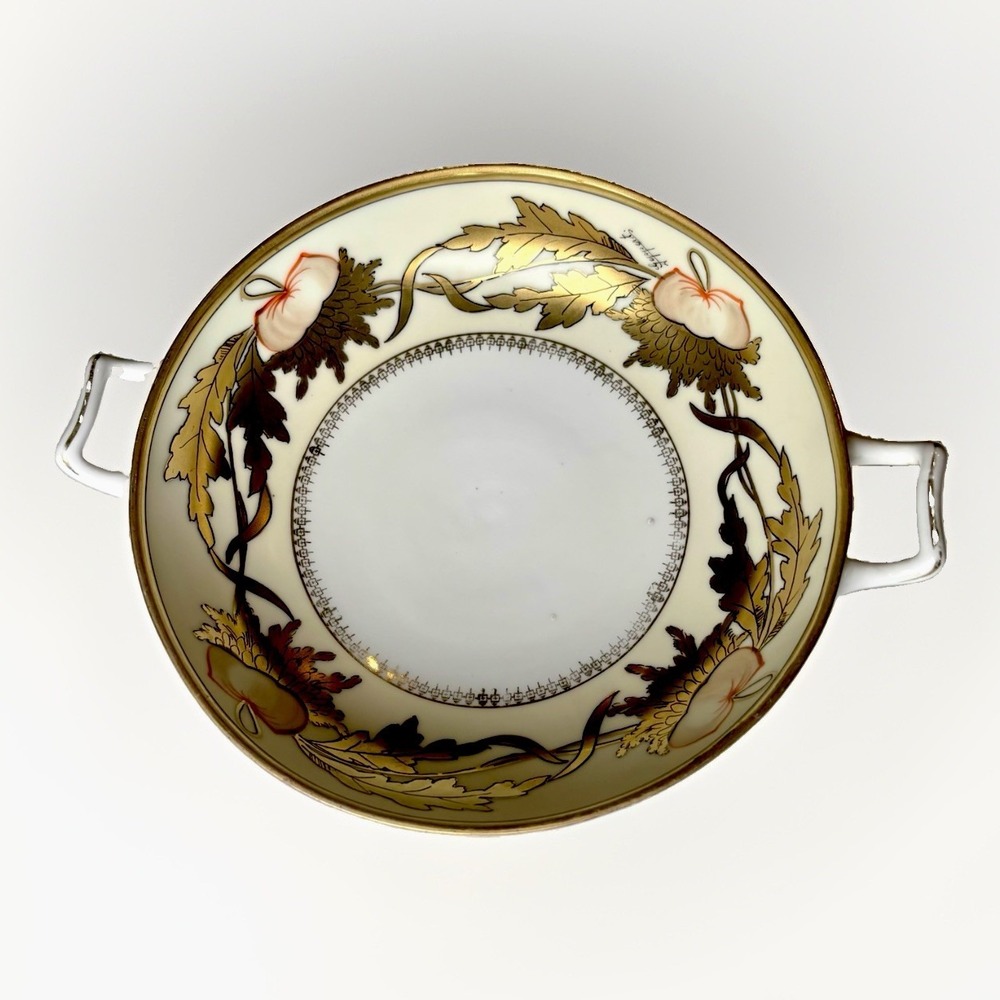 P Donath Prussia Red Griffin Hand  Painted Double Handle Fruit Bowl Gold‎ Signed